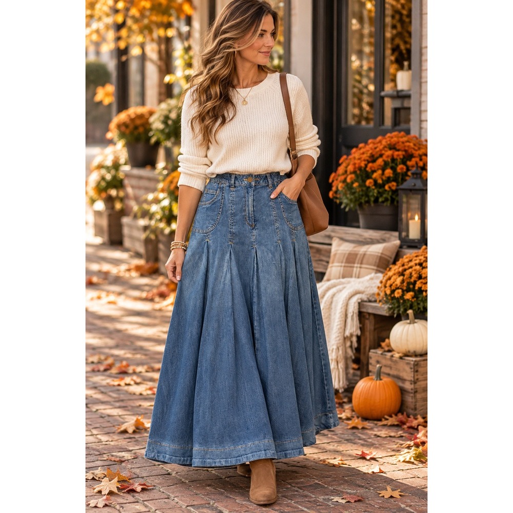 Soft Surroundings Denim Maxi Skirt M Tall Blue Pleated A-Line Boho Prairie Long